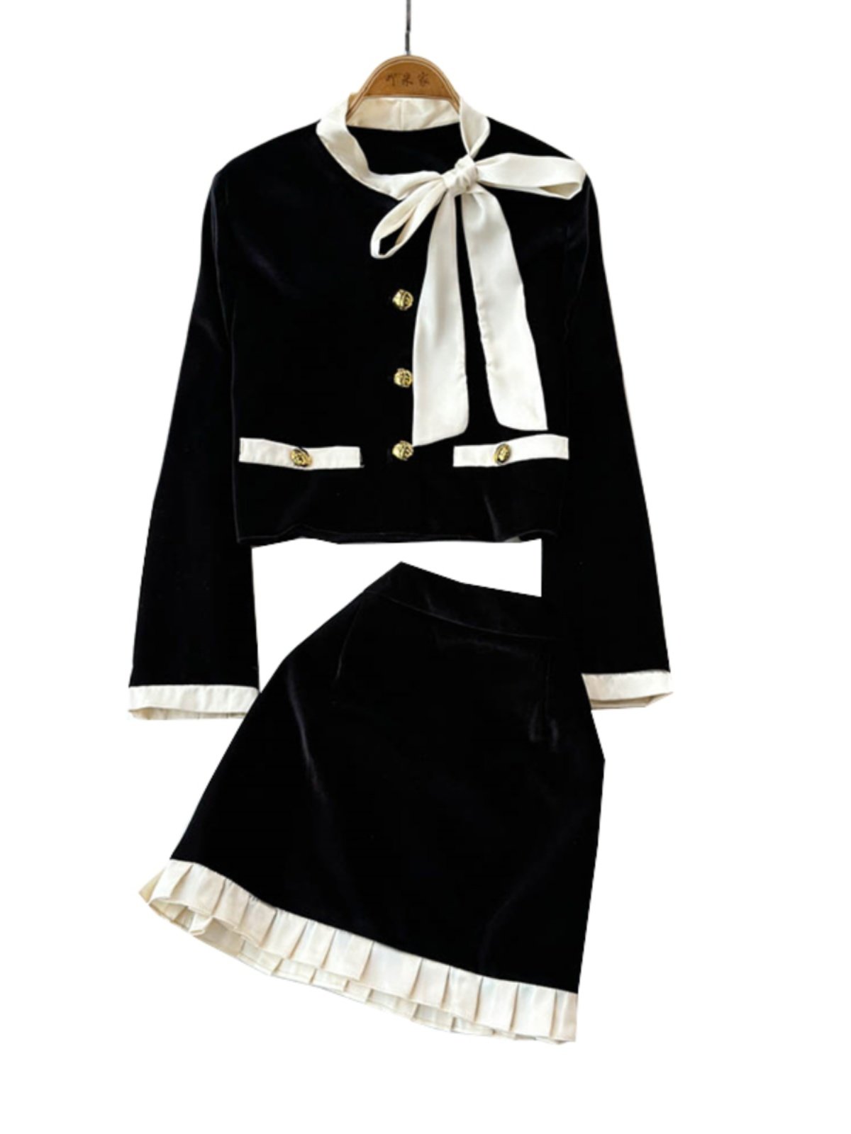 Boutique Wholesale 2024 Autumn New Fashion French Bow Velvet Top High Waist Slimming A-line Short Skirt Women's Set