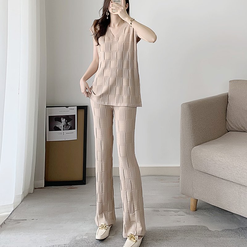 Boutique Wholesale 2022 Summer Temperament Loose Slim Sleeveless V-neck Knitwear High Wide Leg Pants Women's Set