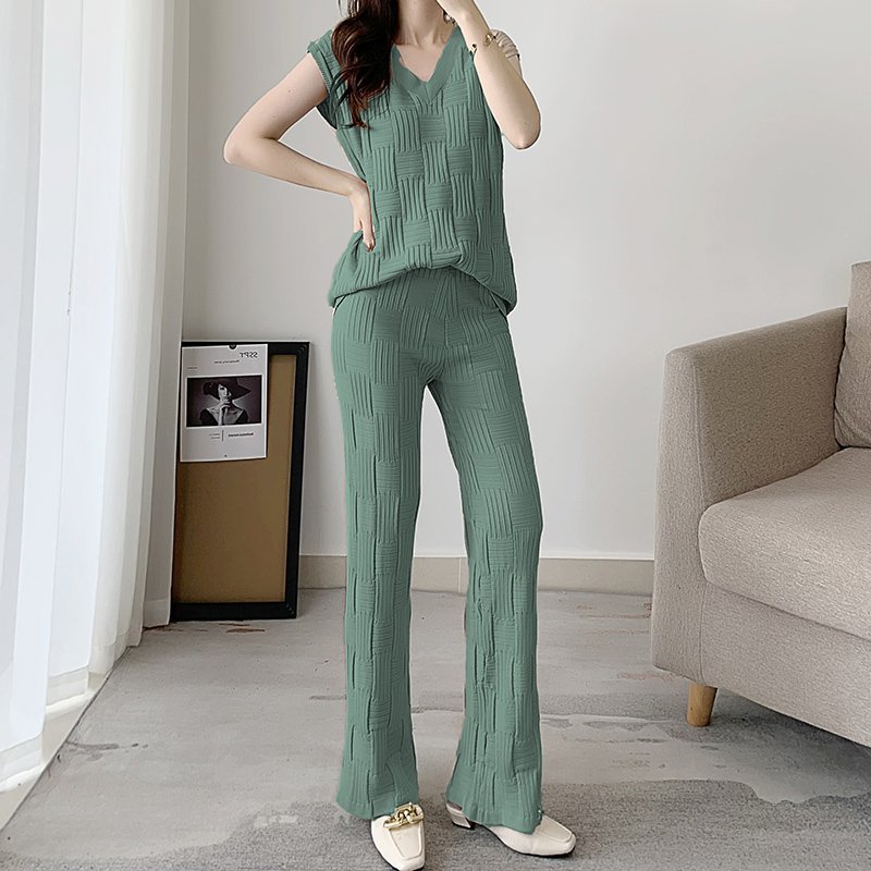 Boutique Wholesale 2022 Summer Temperament Loose Slim Sleeveless V-neck Knitwear High Wide Leg Pants Women's Set