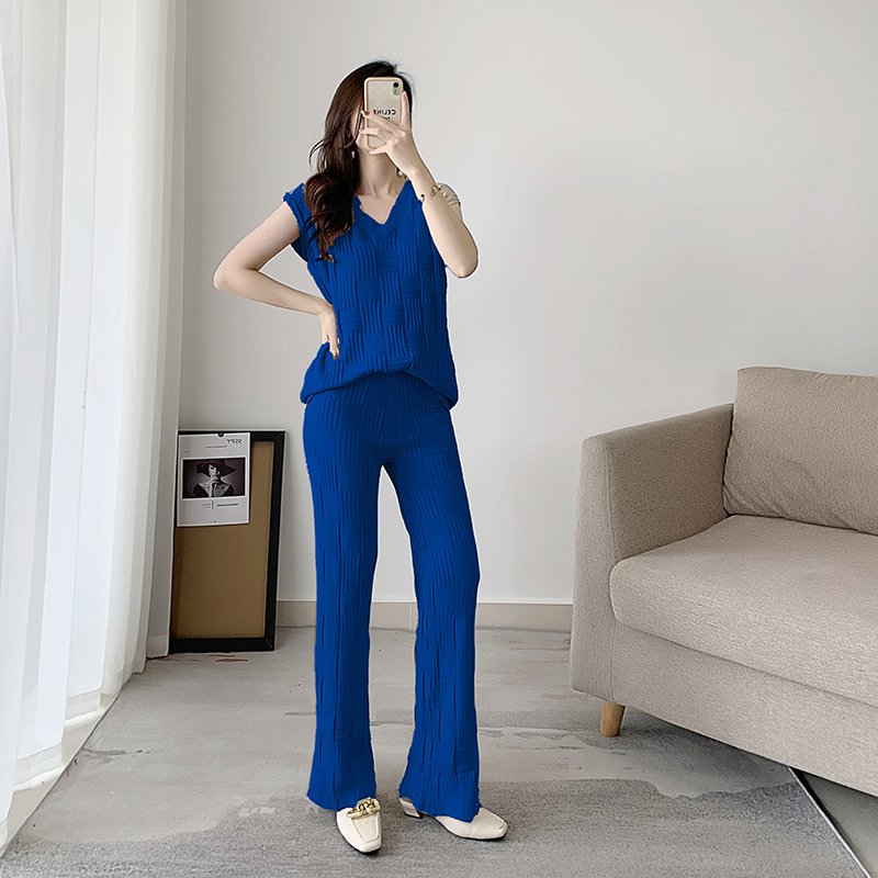 Boutique Wholesale 2022 Summer Temperament Loose Slim Sleeveless V-neck Knitwear High Wide Leg Pants Women's Set