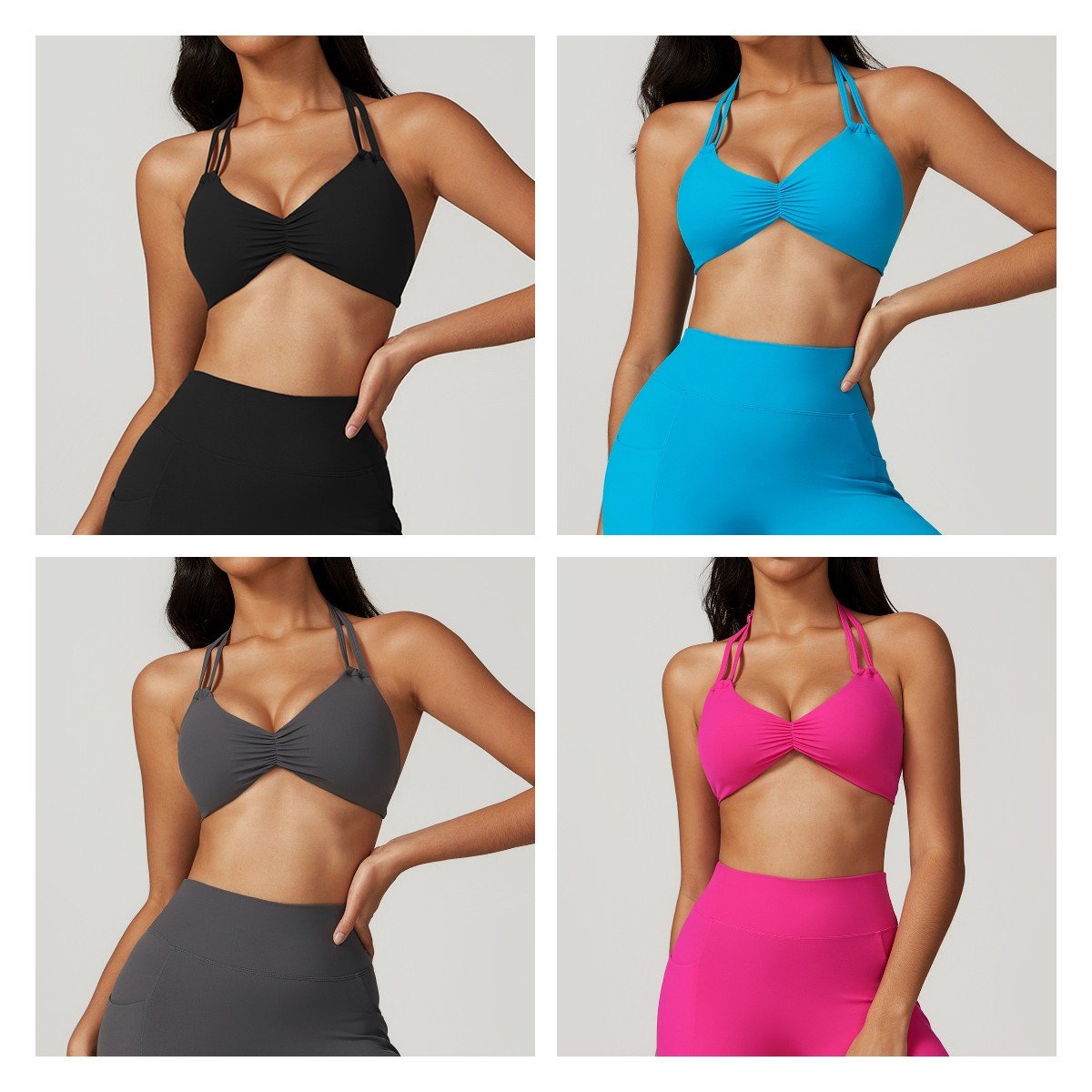 High Elastic Workout Women Fitness Clothing Sports Wear Double Straps Scrunch Bra Pocket Leggings Yoga Sets 3 Pcs Set