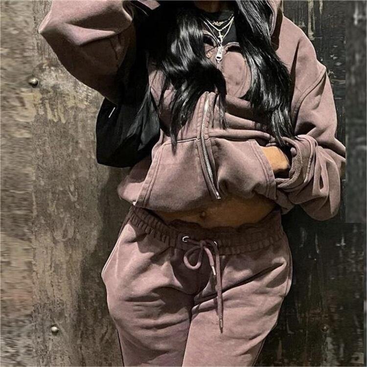 2023 fall women clothes hoodie set clothing crop top and denim acid wash cropped top cargo tees hoodie set for women
