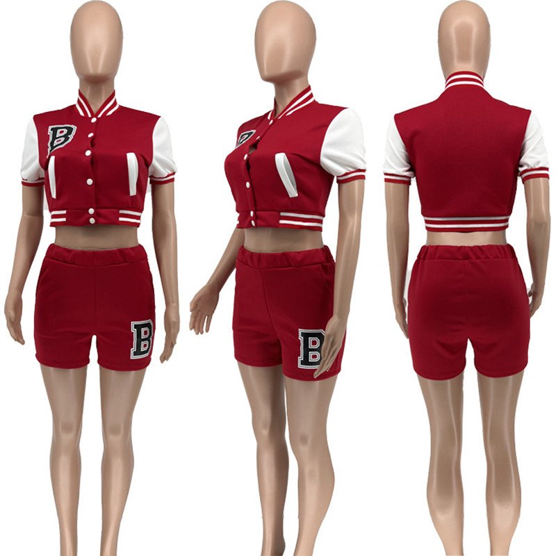 Trendy Ladies Tracksuit Short Sleeve Jacket Letter Print Patchwork Spring Womens Summer Sports Baseball Shorts Two Piece Set