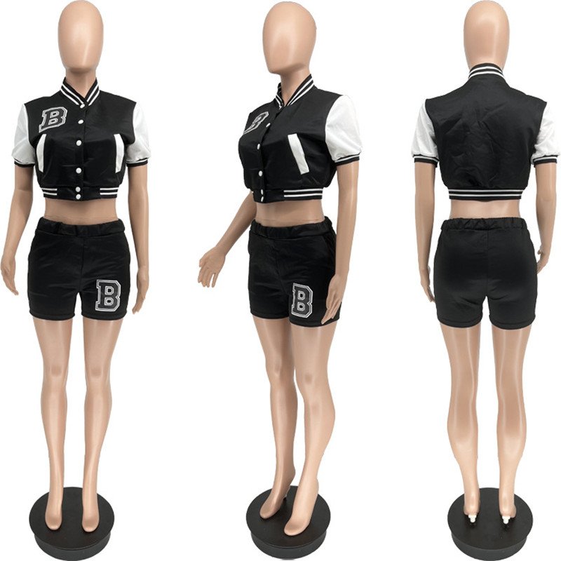 Trendy Ladies Tracksuit Short Sleeve Jacket Letter Print Patchwork Spring Womens Summer Sports Baseball Shorts Two Piece Set