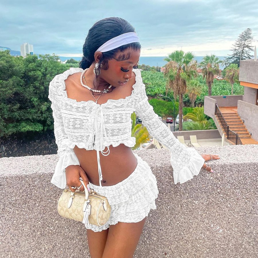 Kliou K24S53850 New arrivals women's sets lace ruffle skirt outfits long sleeve tops+mini skirt 2 piece set women
