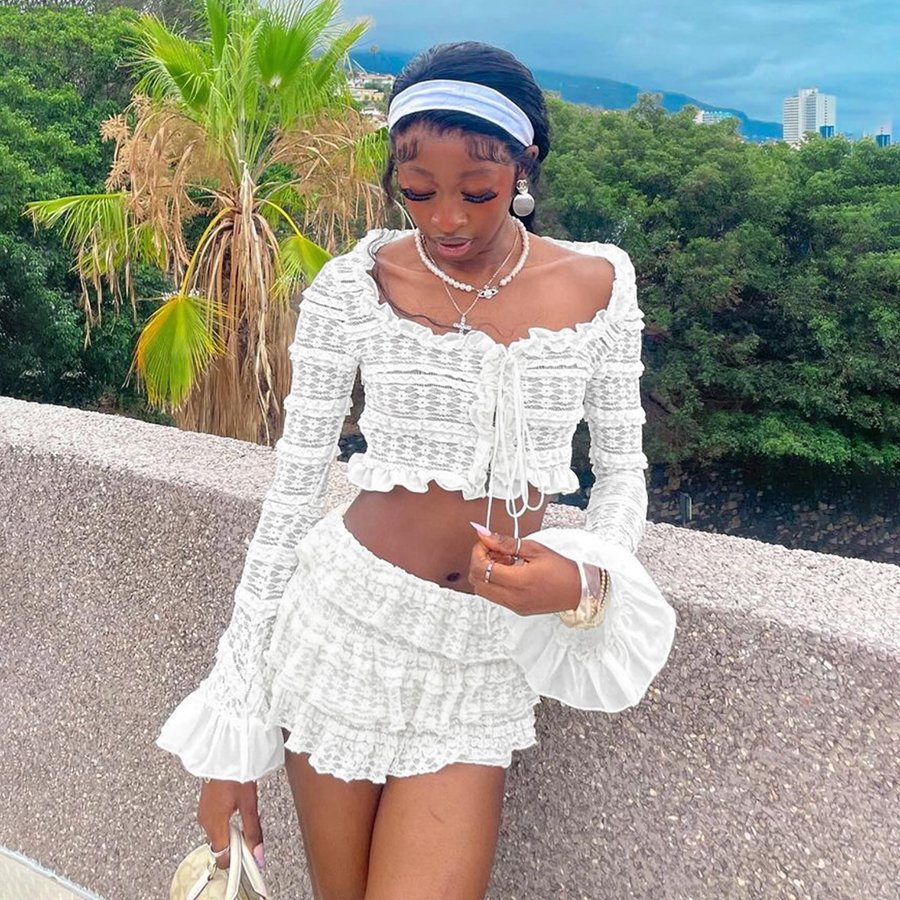 Kliou K24S53850 New arrivals women's sets lace ruffle skirt outfits long sleeve tops+mini skirt 2 piece set women