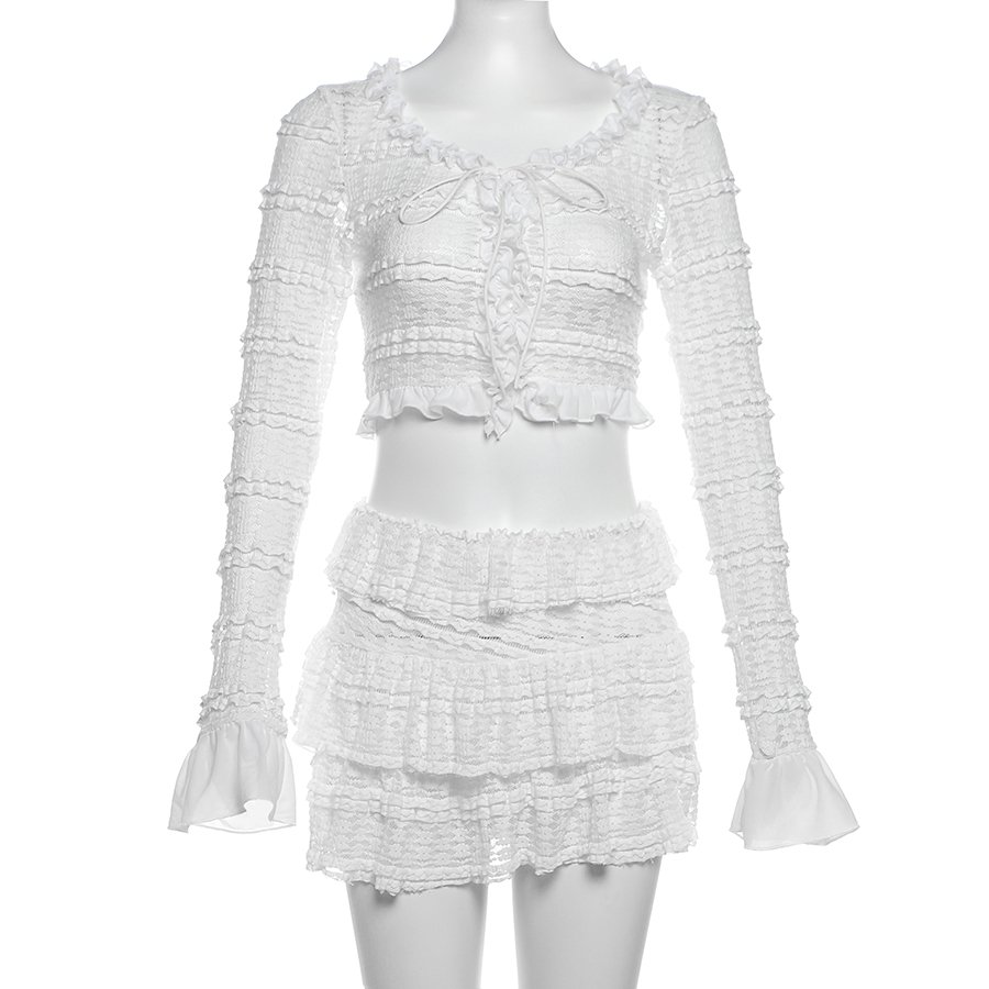 Kliou K24S53850 New arrivals women's sets lace ruffle skirt outfits long sleeve tops+mini skirt 2 piece set women