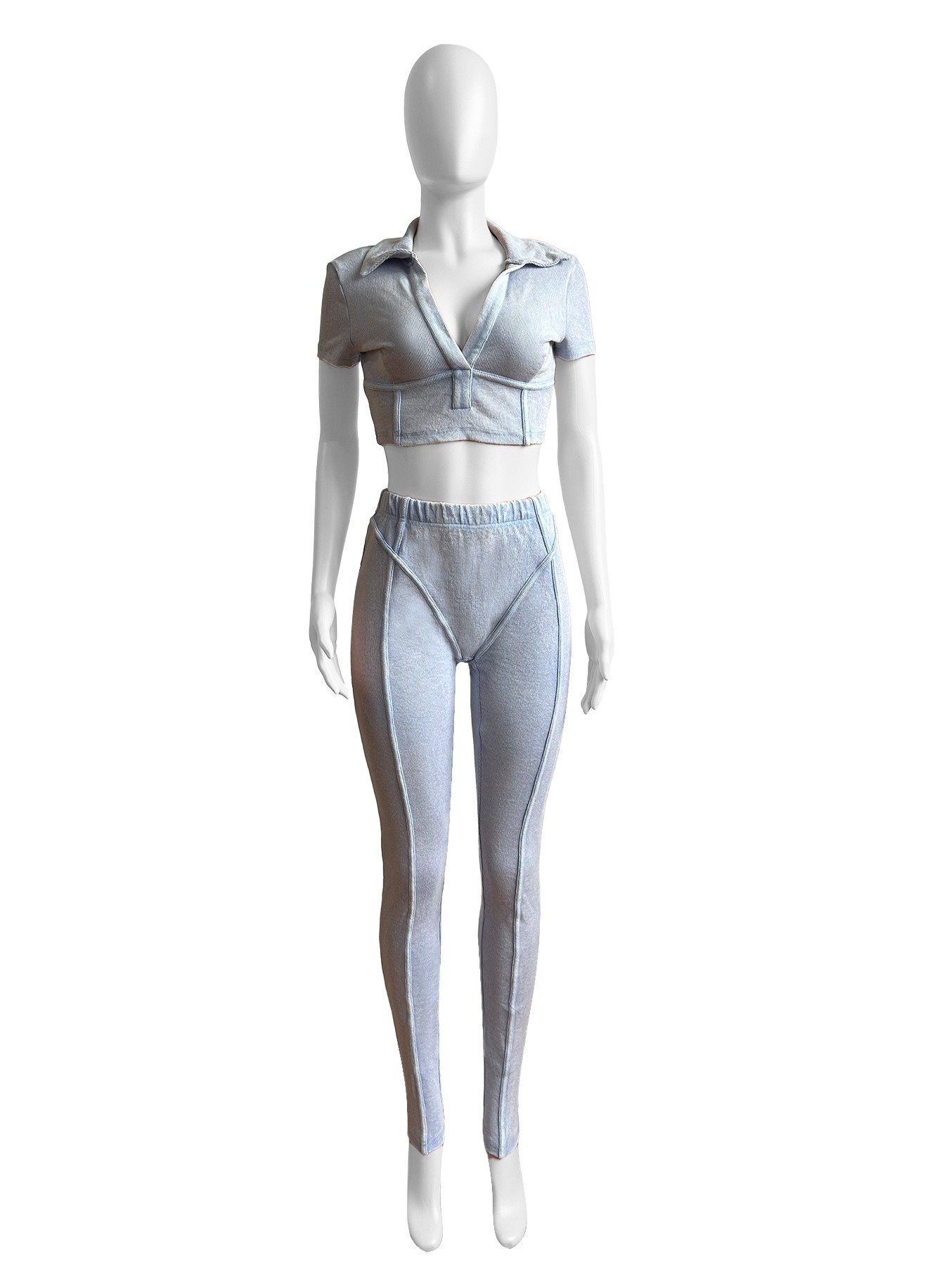 New Summer Hot Sale Women Fashion Clothing Ribbed Washed Distressed Deep V Two Piece Set