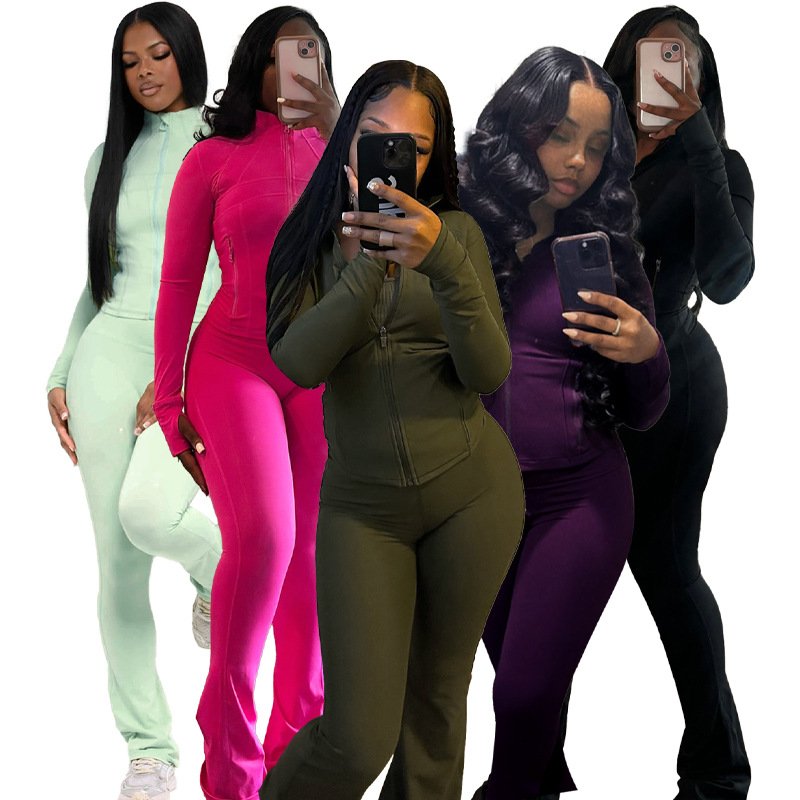 New Arrival Women's Causal Sets Fall Lounge Wear Women Flare Pants Jogger Two Piece Sets Zipper Long Sleeve Sporty Tracksuit Set