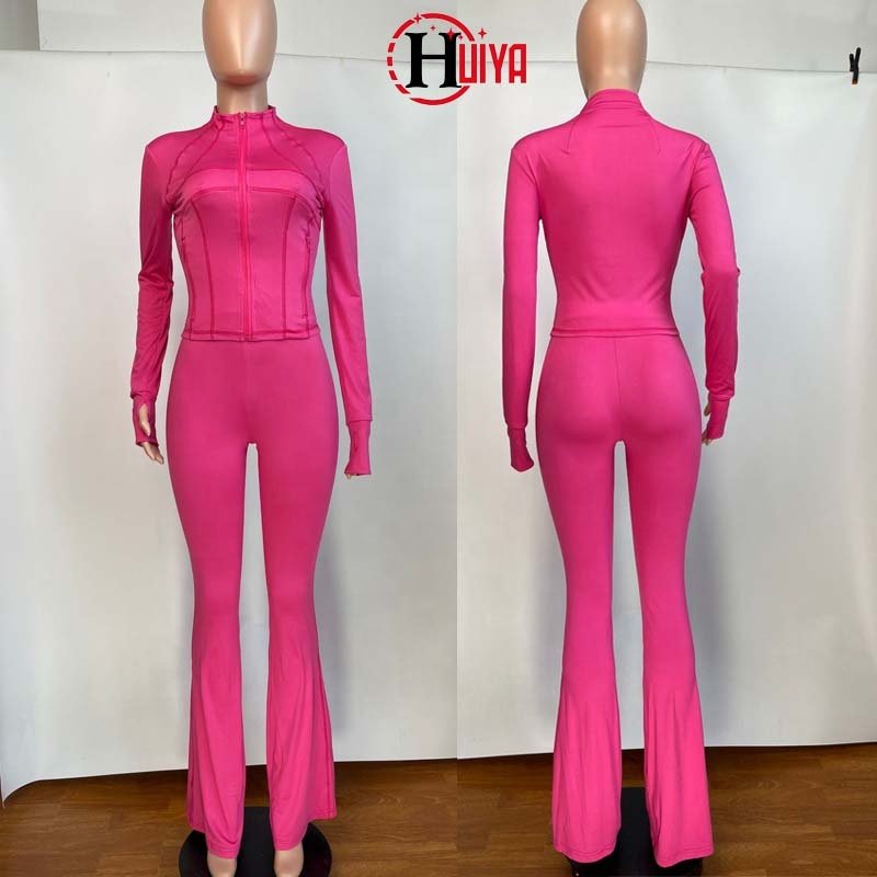 New Arrival Women's Causal Sets Fall Lounge Wear Women Flare Pants Jogger Two Piece Sets Zipper Long Sleeve Sporty Tracksuit Set