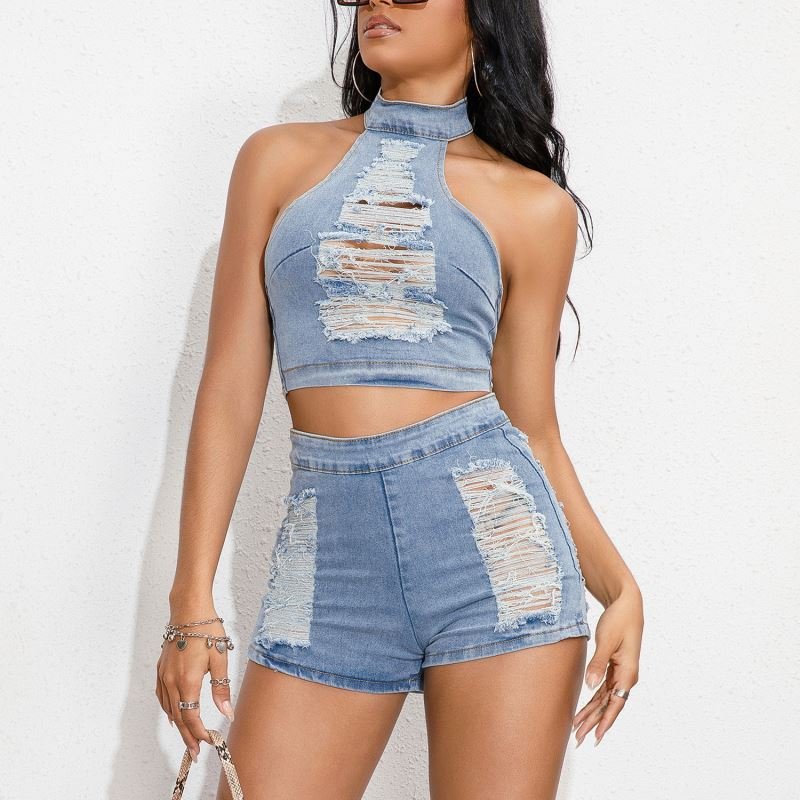2024 summer clothing denim jeans fashion boutique two piece ripped hot sexy shorts set