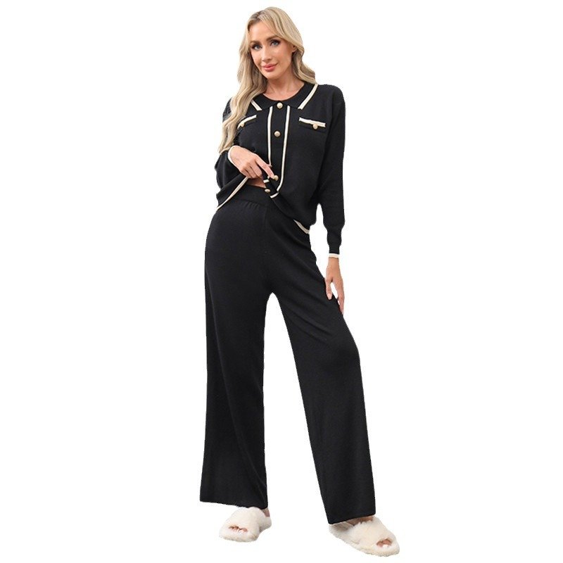 Boutique Wholesale 2024 Autumn New Style Temperament Single Breasted Loose Top Casual Wide Leg Pants Knitted Women's Sets