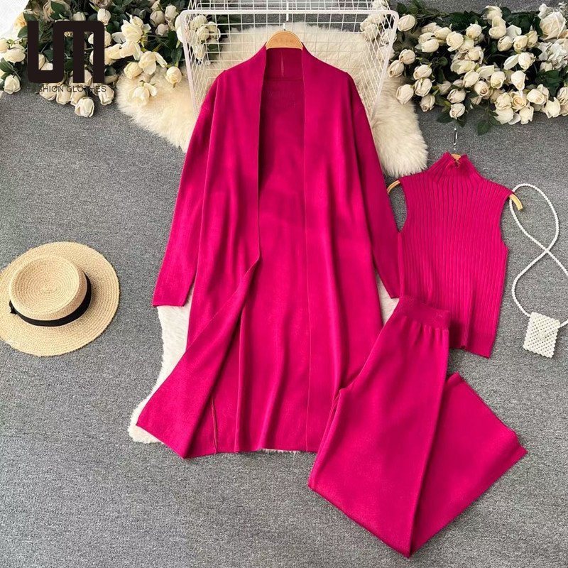 Liu Ming 2024 New Fashion Women 3 Piece Set Long Sleeve Top And Pants Suit Knitted Outfits
