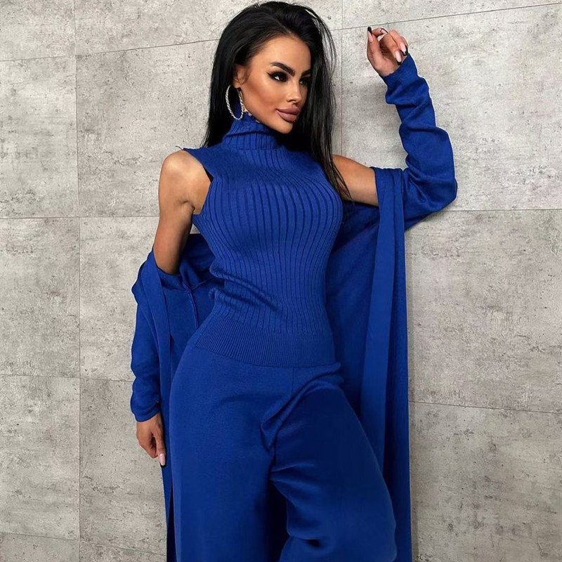 Liu Ming 2024 New Fashion Women 3 Piece Set Long Sleeve Top And Pants Suit Knitted Outfits