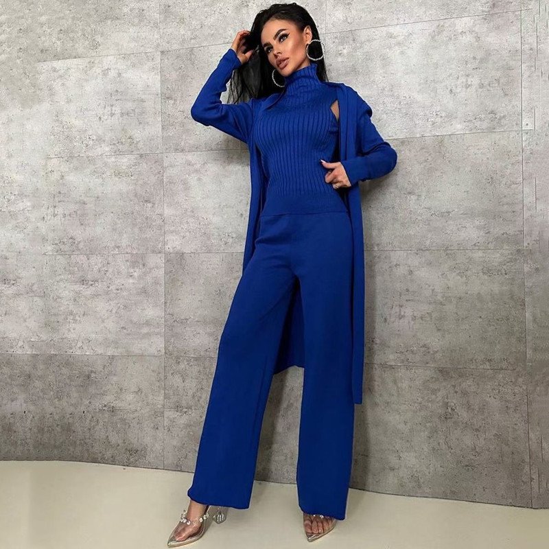 Liu Ming 2024 New Fashion Women 3 Piece Set Long Sleeve Top And Pants Suit Knitted Outfits