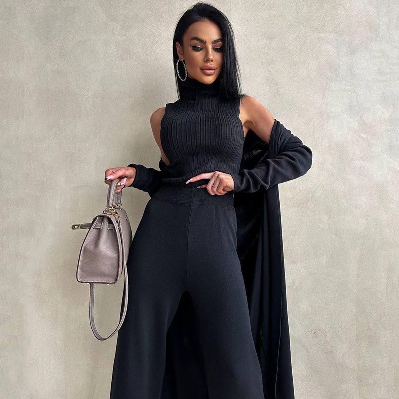 Liu Ming 2024 New Fashion Women 3 Piece Set Long Sleeve Top And Pants Suit Knitted Outfits