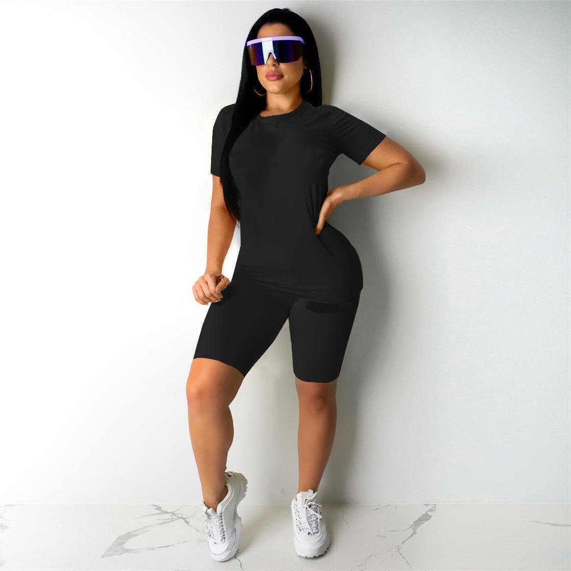 Wholesale Women's Summer Solid Color Fashion Fitted Casual Sports Short Suit Plus size Solid Two Piece Short Set For Women