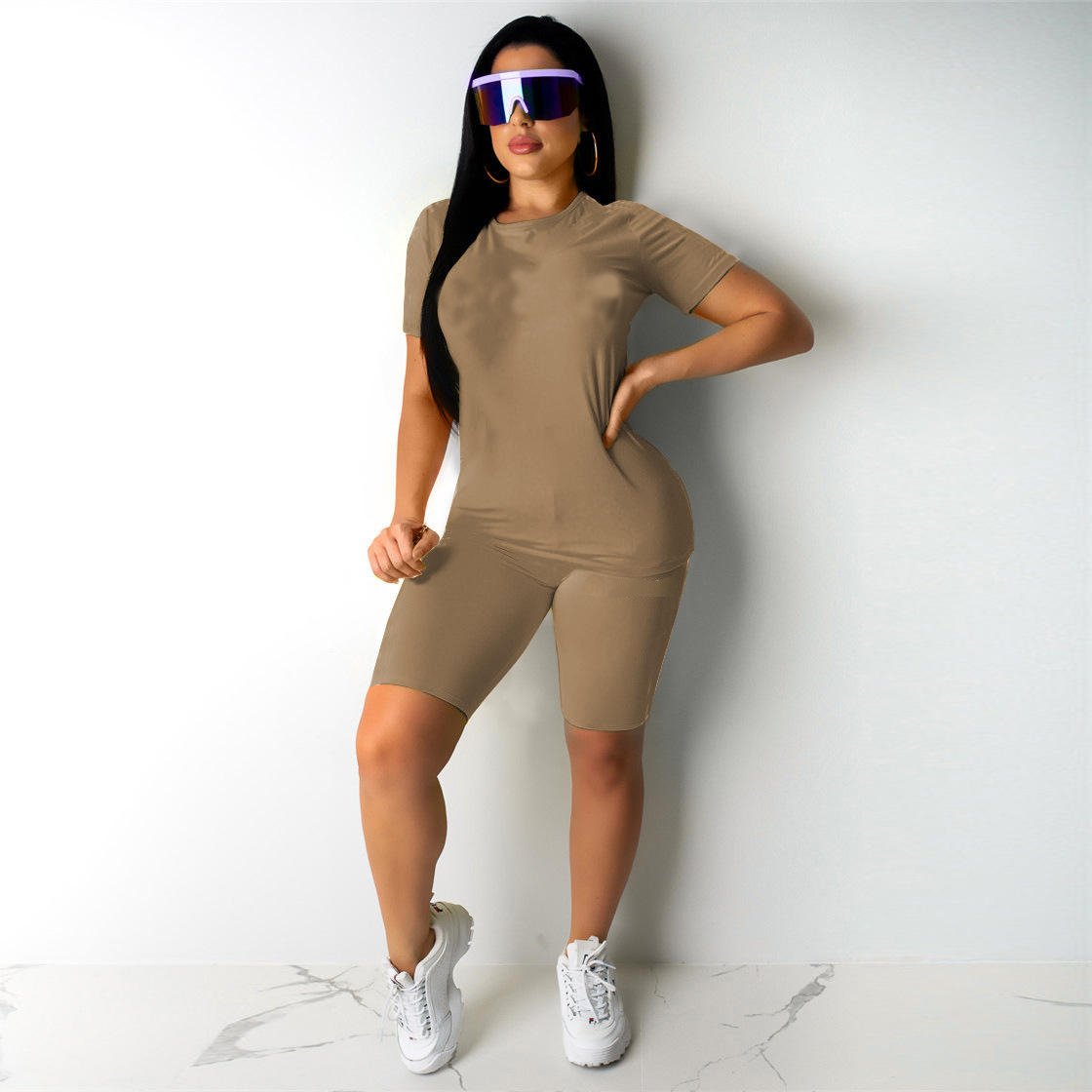 Wholesale Women's Summer Solid Color Fashion Fitted Casual Sports Short Suit Plus size Solid Two Piece Short Set For Women