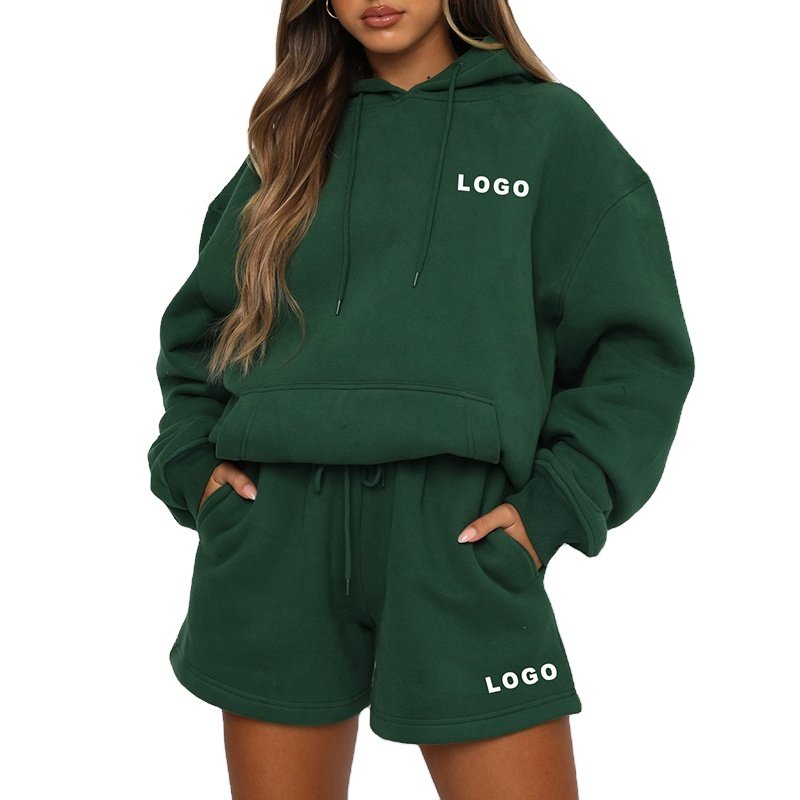 wholesale Women hoodie shorts set cotton fleece oversized hoodies sweatshirts pullover shorts two pieces tracksuit clothing set