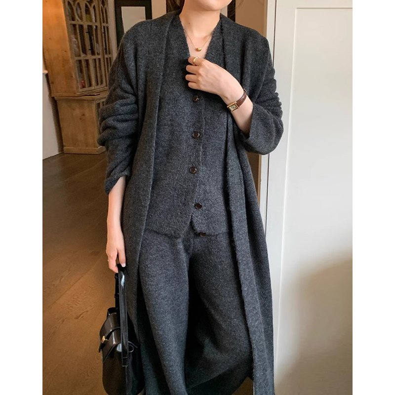Boutique Wholesale 2024 Autumn Vintage Long Knitted Sweater Jacket Vest Casual Pants Women's Set