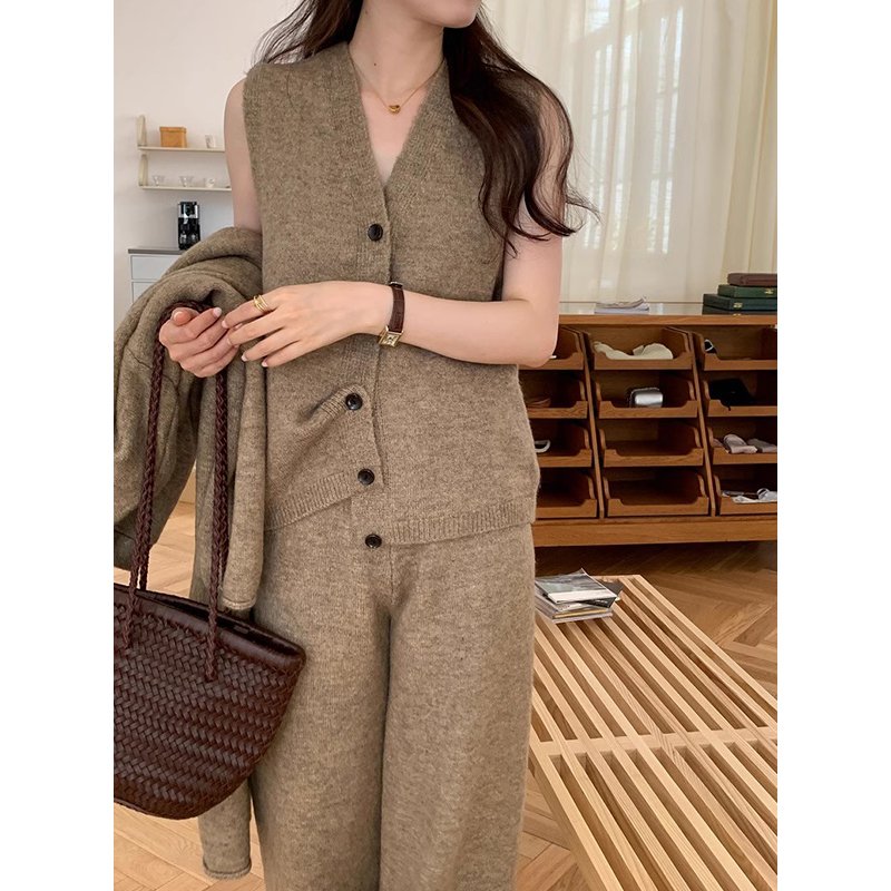Boutique Wholesale 2024 Autumn Vintage Long Knitted Sweater Jacket Vest Casual Pants Women's Set