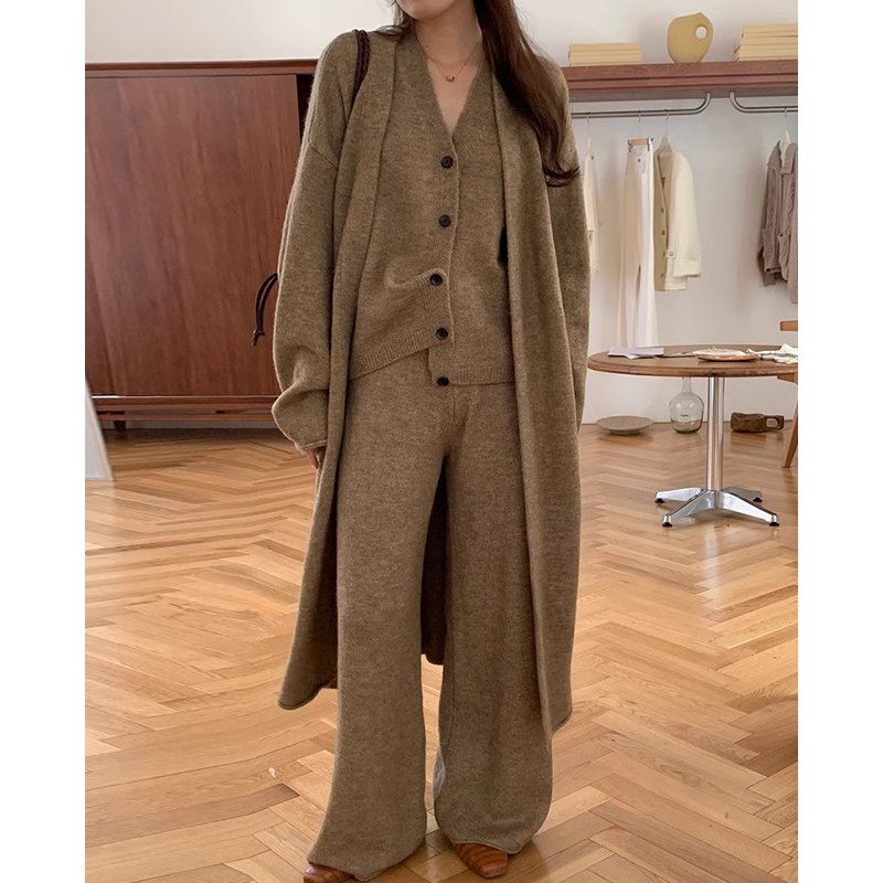 Boutique Wholesale 2024 Autumn Vintage Long Knitted Sweater Jacket Vest Casual Pants Women's Set
