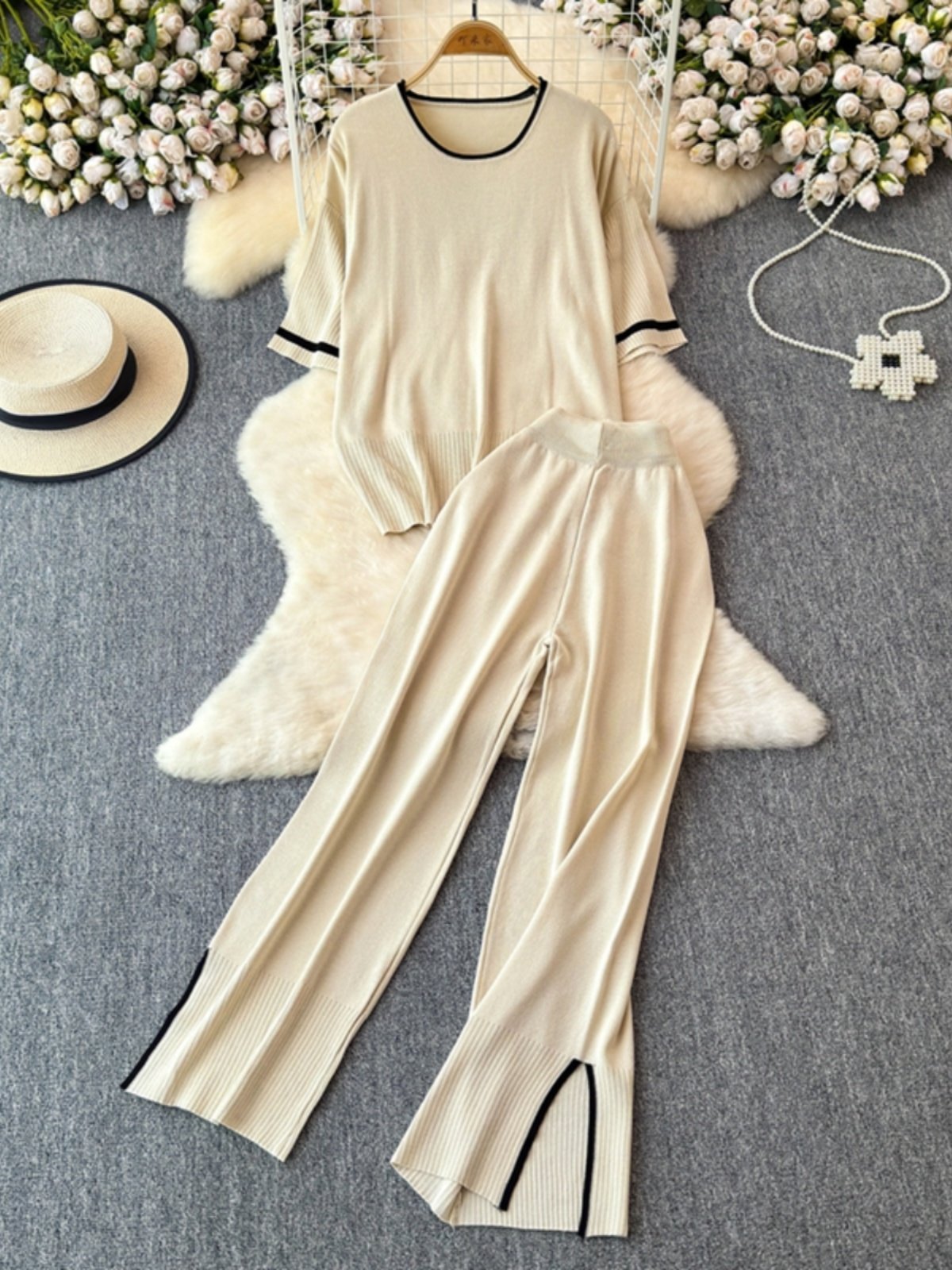 Boutique Wholesale 2024 Autumn New Fashionable Loose and Slimming Knitted Top High Waist Wide Leg Pants Women's Set