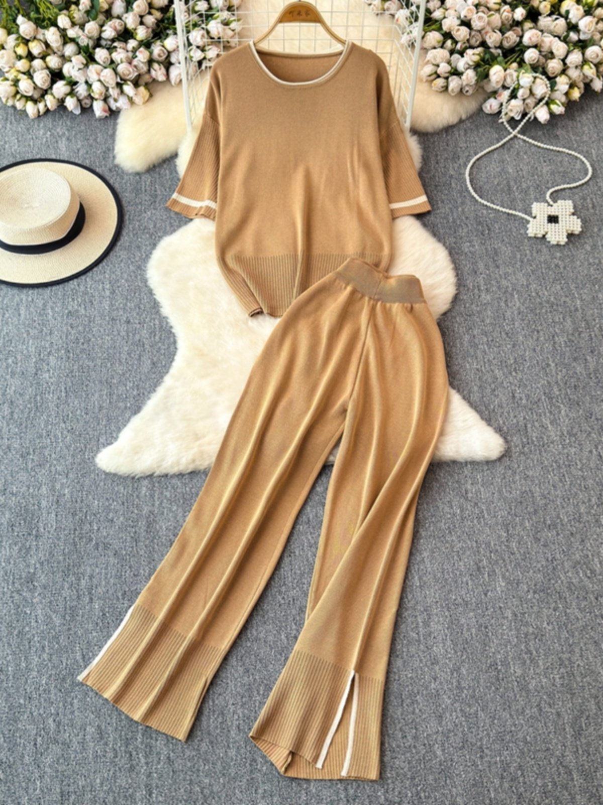 Boutique Wholesale 2024 Autumn New Fashionable Loose and Slimming Knitted Top High Waist Wide Leg Pants Women's Set