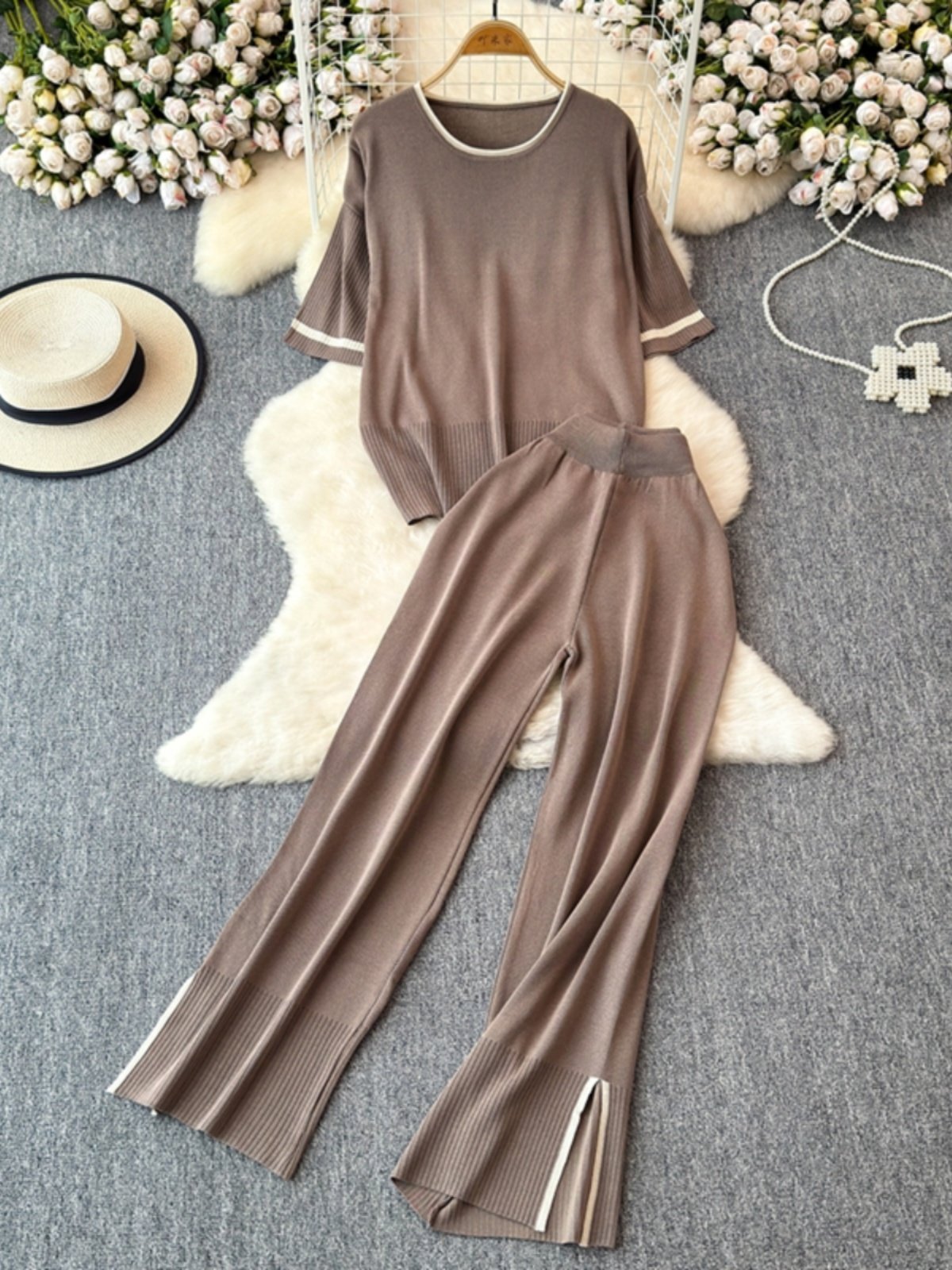 Boutique Wholesale 2024 Autumn New Fashionable Loose and Slimming Knitted Top High Waist Wide Leg Pants Women's Set