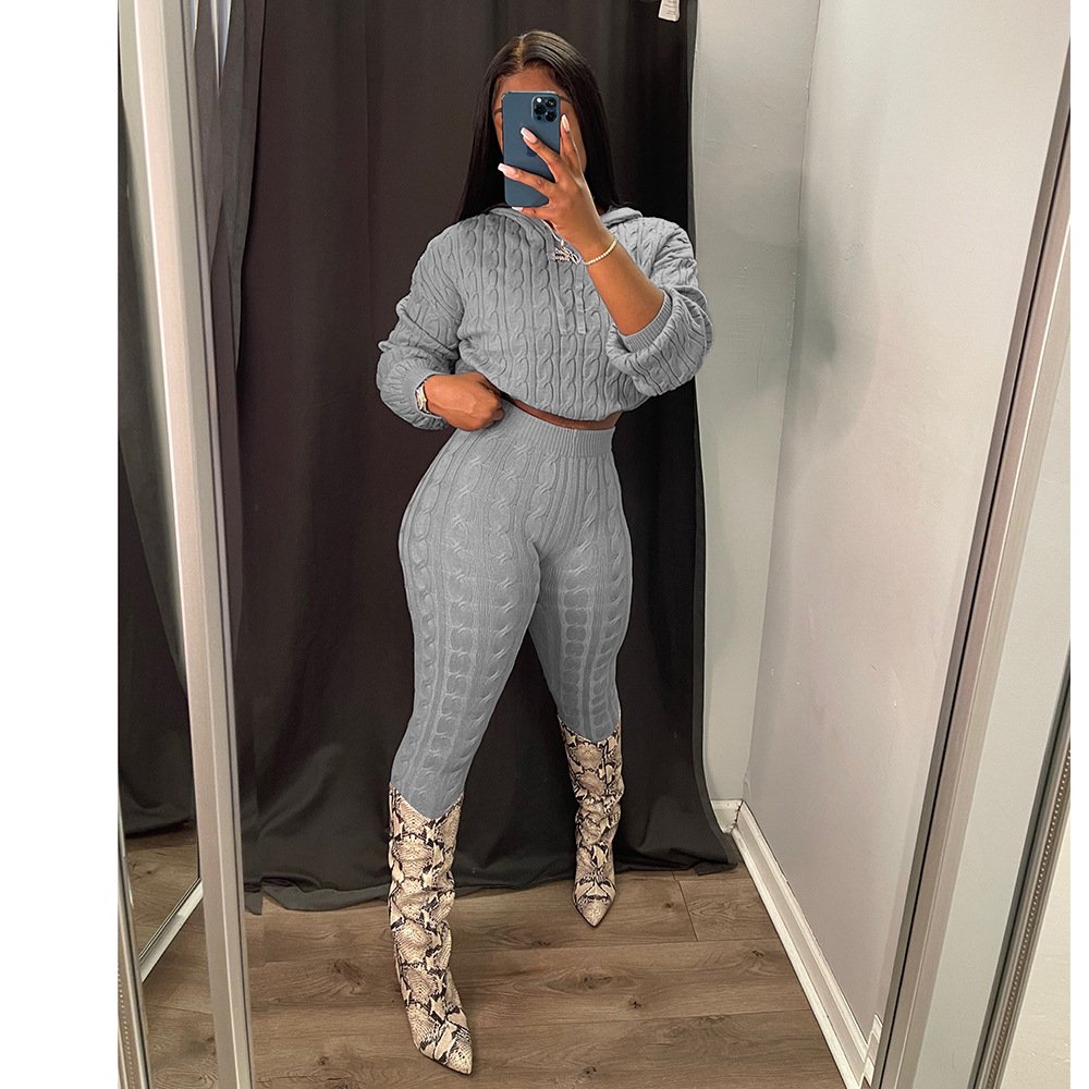 2024 winter warm thick sweater knitted lounge wear women's hoodies and pants two piece set