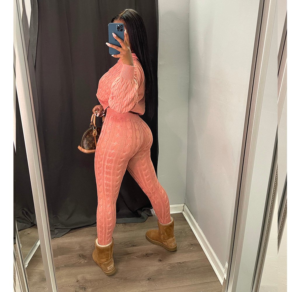 2024 winter warm thick sweater knitted lounge wear women's hoodies and pants two piece set