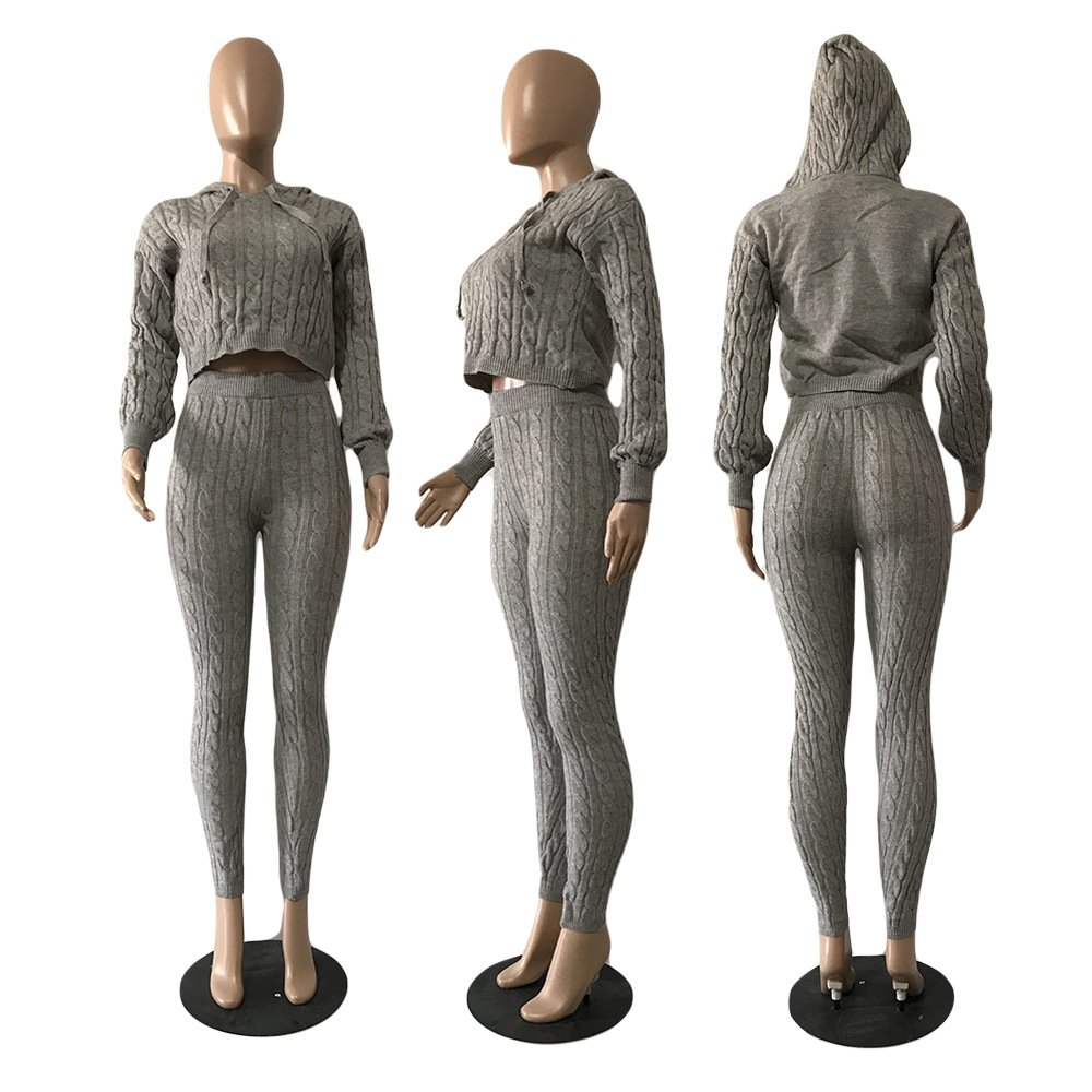 2024 winter warm thick sweater knitted lounge wear women's hoodies and pants two piece set