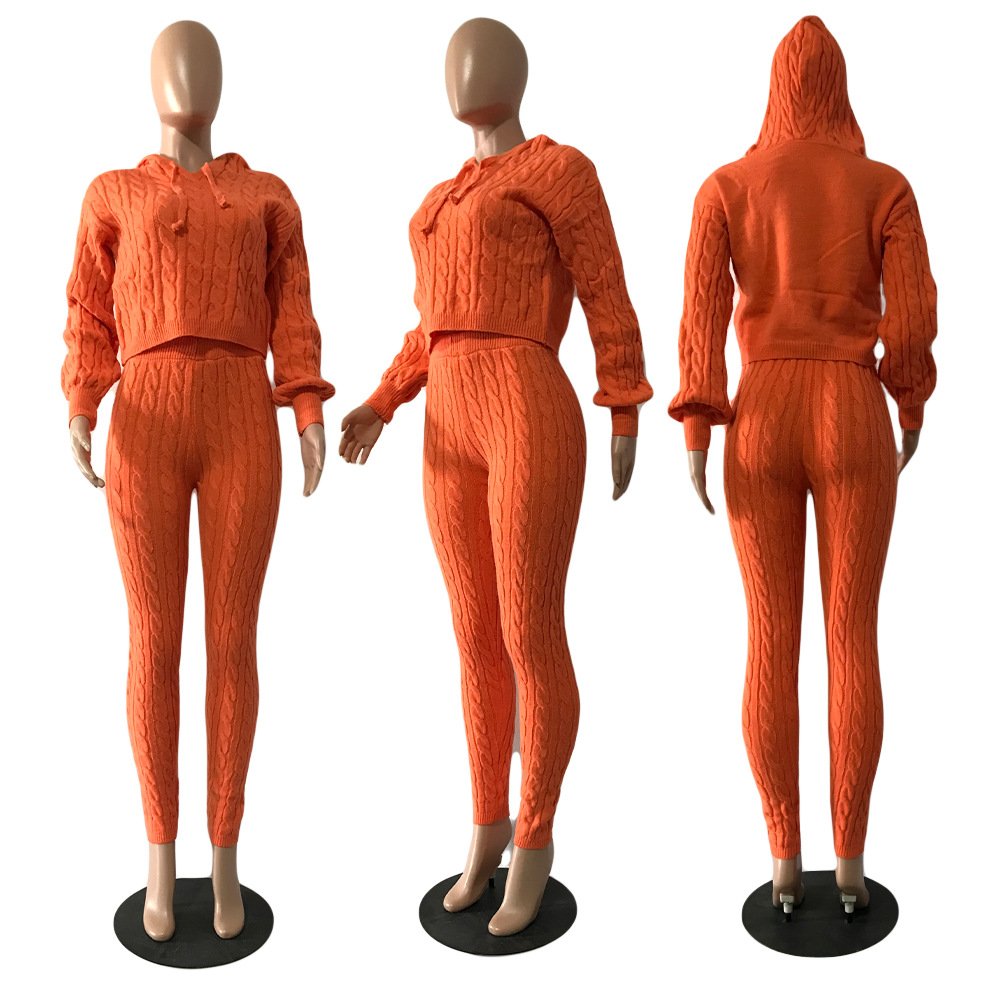 2024 winter warm thick sweater knitted lounge wear women's hoodies and pants two piece set
