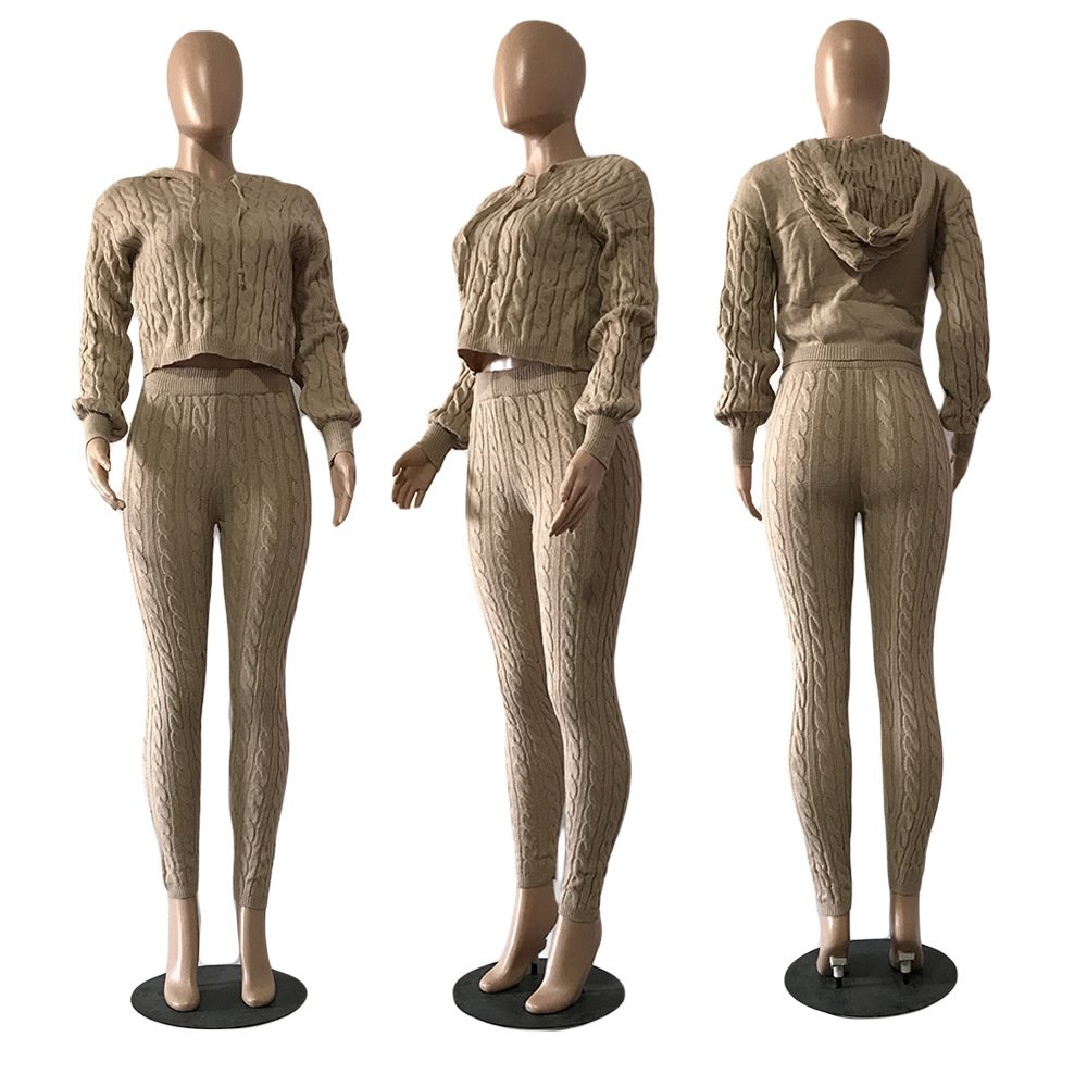 2024 winter warm thick sweater knitted lounge wear women's hoodies and pants two piece set