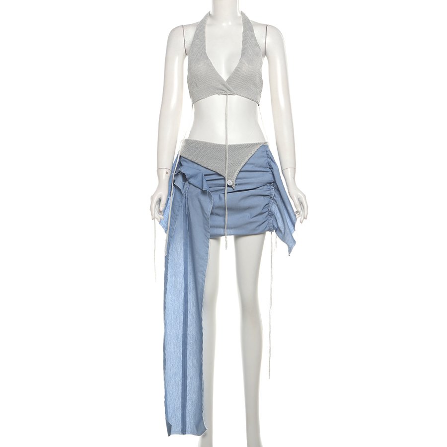 Kliou W24S46383 New arrivals 2 piece set women v neck backless top+asymmetric skirt women's sets knitted trendy outfit