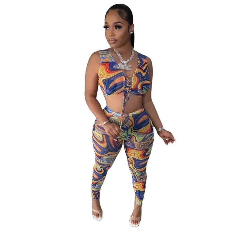 nightclub fashion sexy print mesh see-through two-piece suit women suit sets