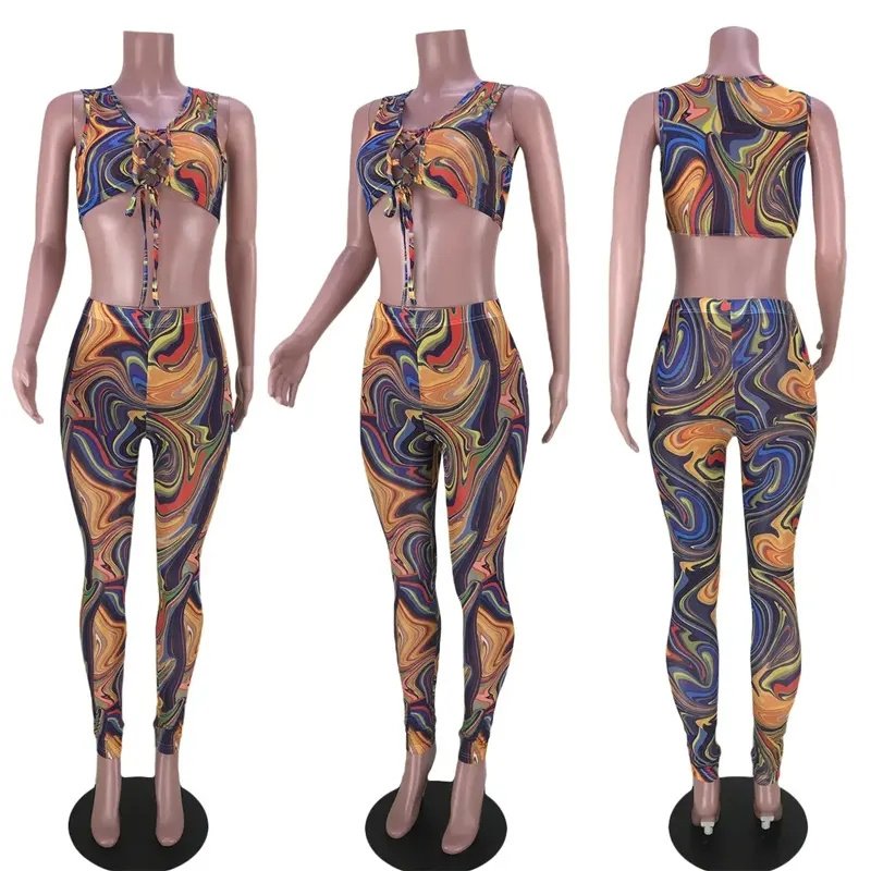 nightclub fashion sexy print mesh see-through two-piece suit women suit sets