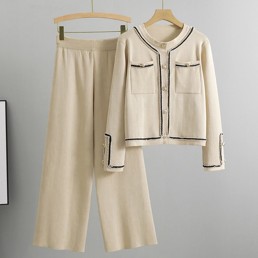 Atoptex Autumn Round Neck Double Pocket Knit Cardigan Top Knitted Cardigan Slimming Pants Women's Set