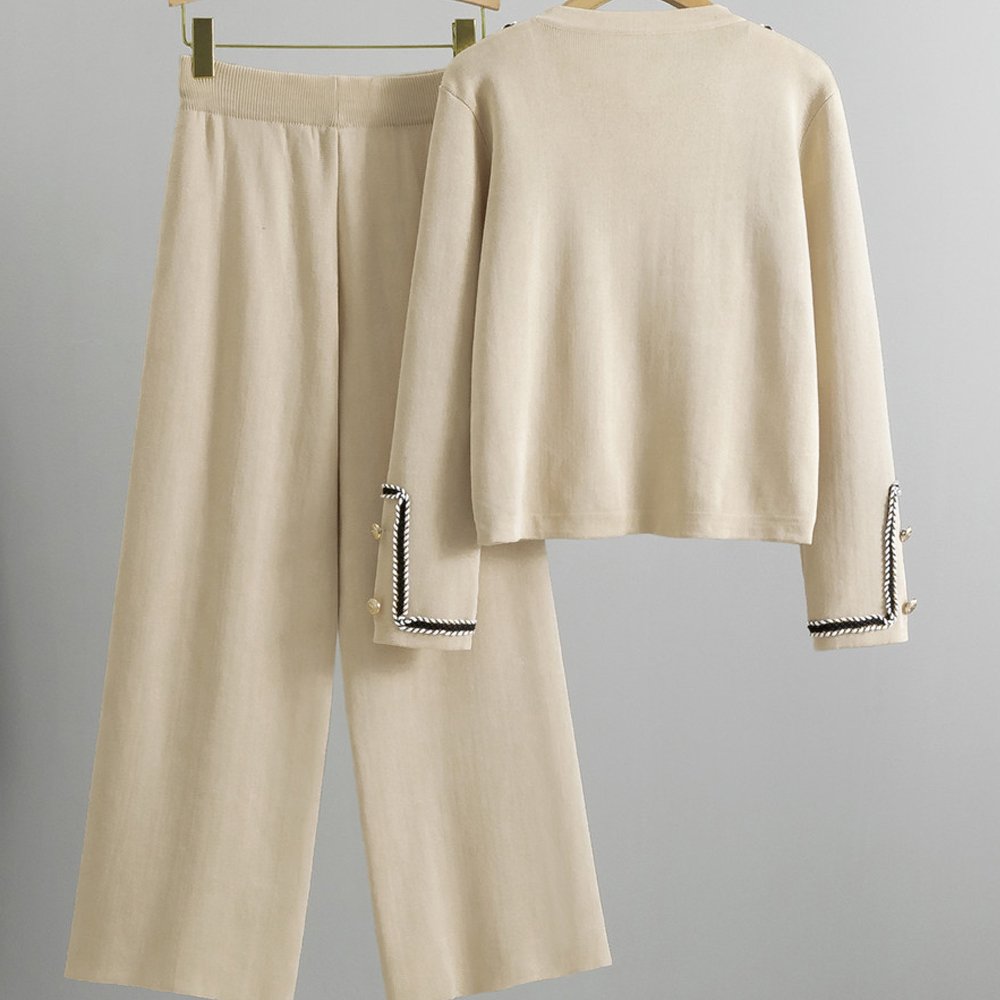 Atoptex Autumn Round Neck Double Pocket Knit Cardigan Top Knitted Cardigan Slimming Pants Women's Set