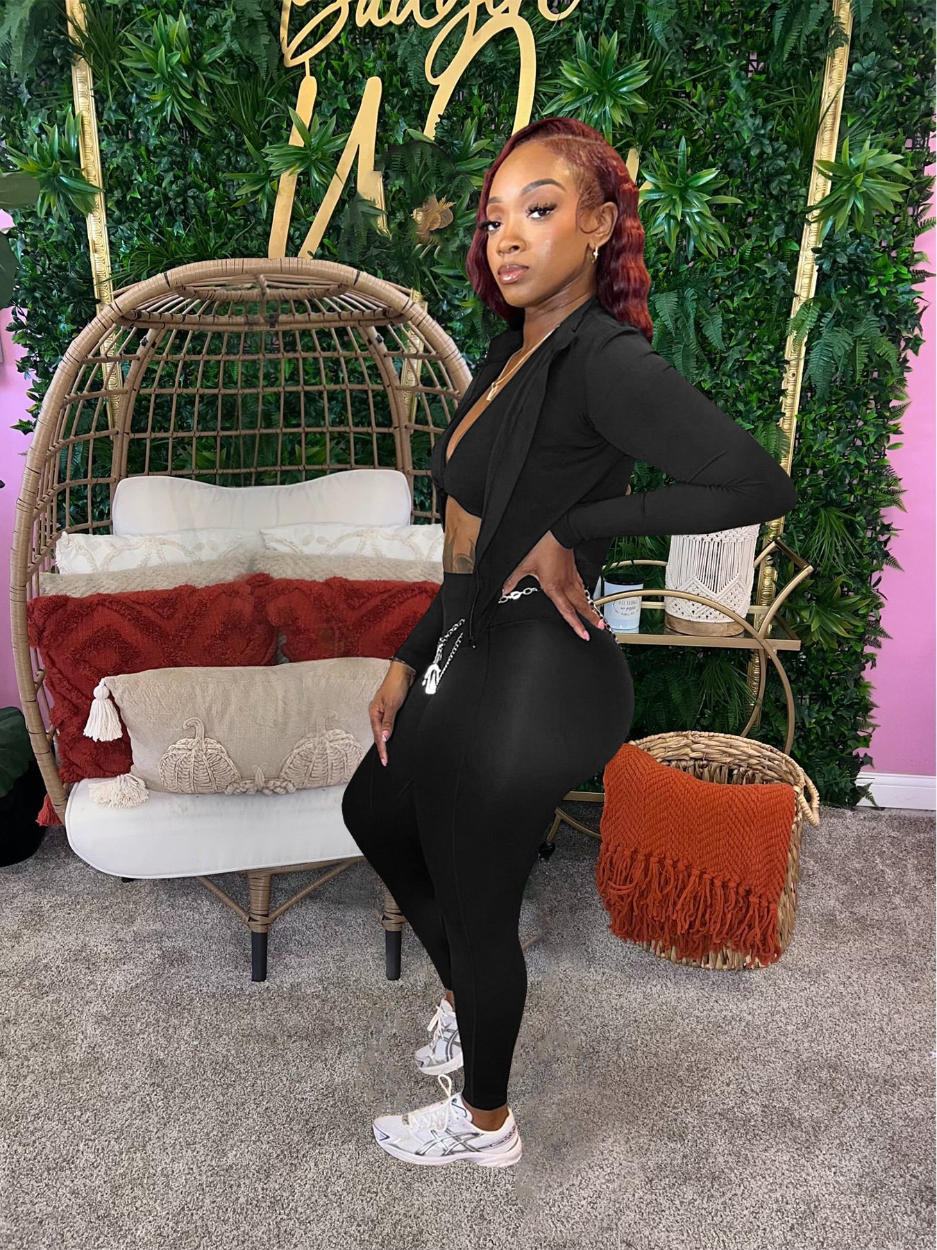 Casual Sport Stretch Three Pieces Legging Set With Long Sleeve Cardigan Crop Top And Halter Top And High Waist Tight Legging