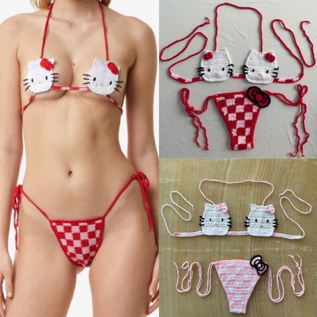 KT Women's 2024 Summer Micro Bikini Set Sexy Silk Bathing Suit with Kitty Cat Knitting Y2K Thong Swim Fashionable Beach Swimsuit