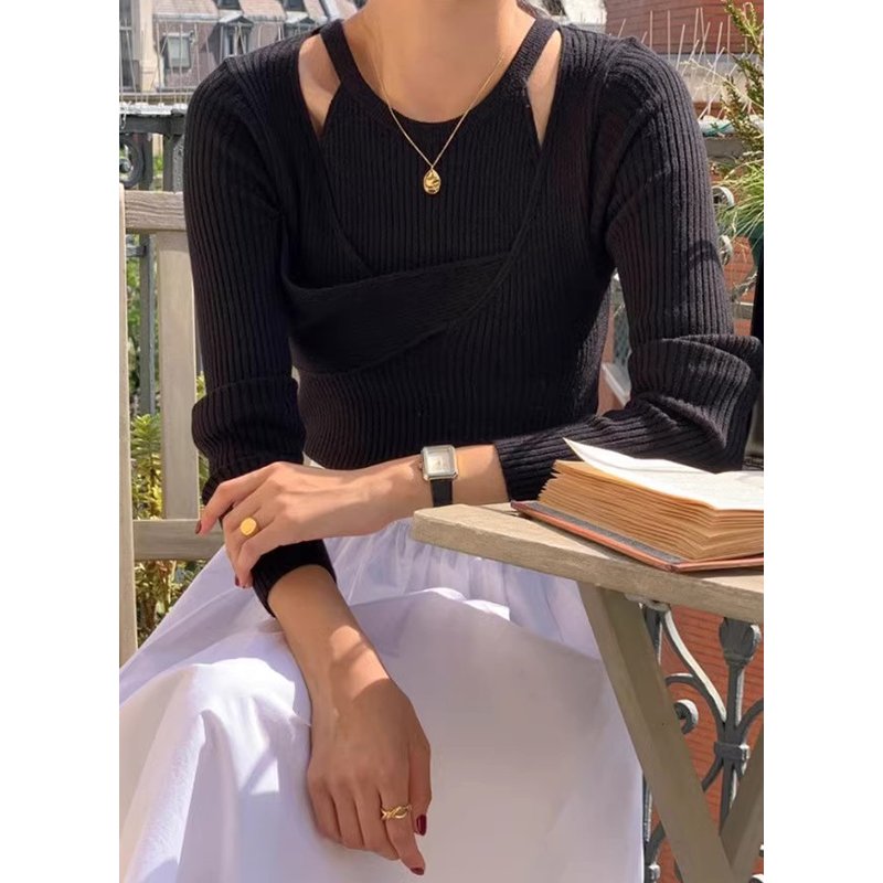 Wholesale 2024 Autumn Vintage Knitted Vest V-neck Cross Design Long Sleeved Sweater Women's Set