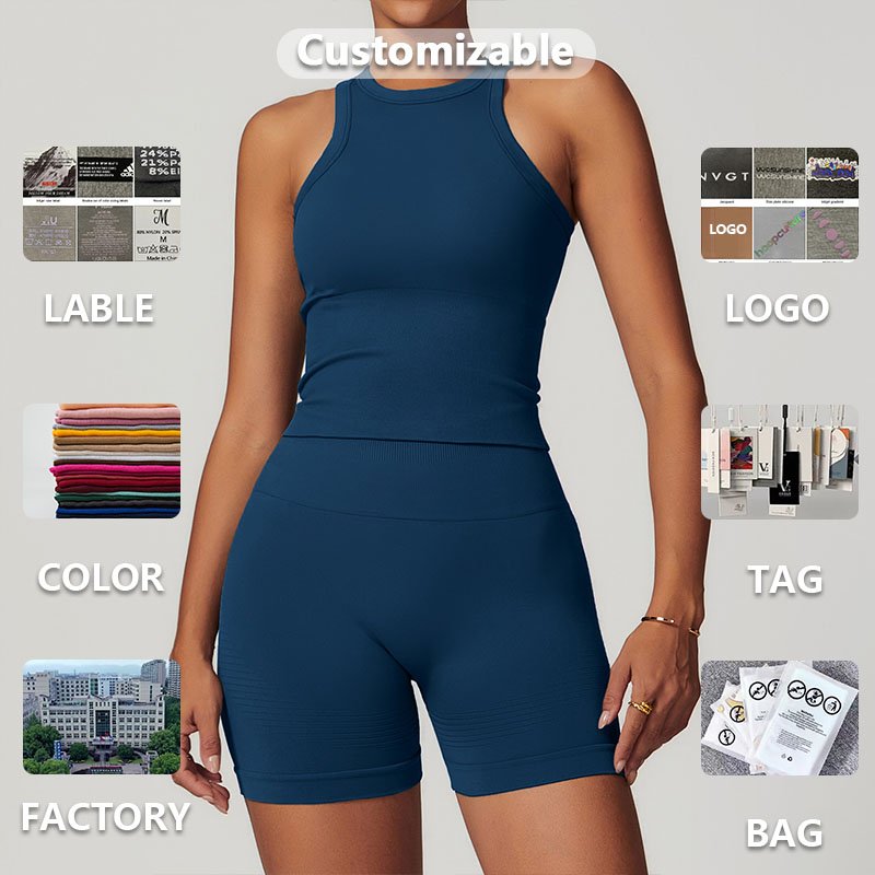 XW-TZ7725-5 Custom Fitness Vest Ribbed Flared Pants Gym Yoga Set Clothing Neck Bra Streamline Fitness Sportswear Gym Womens Sets