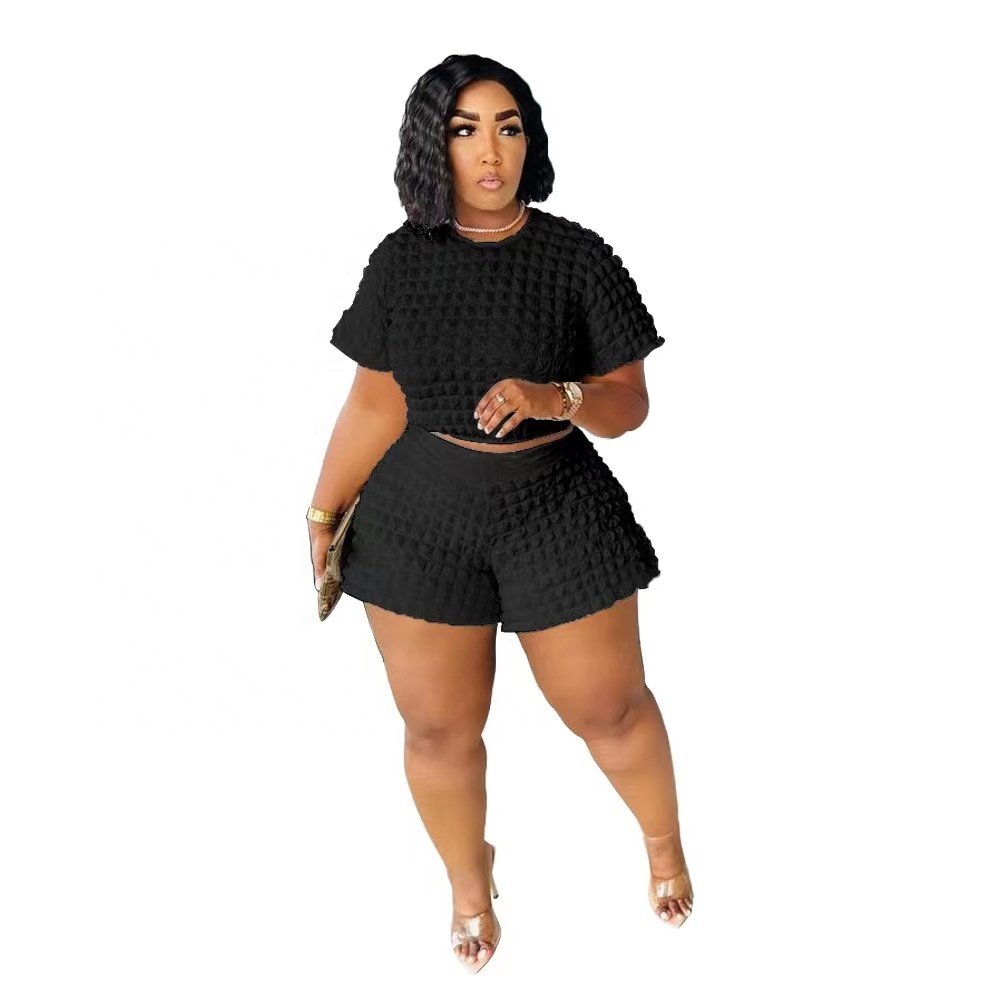 Solid color plus size women's set popcorn fabric puff sleeve ladies tops and biker shorts loose fitting longewear women's set