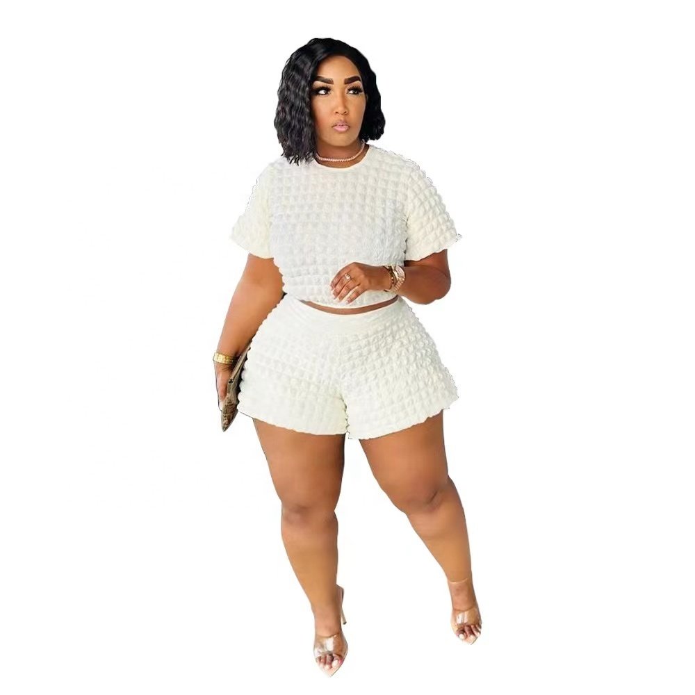 Solid color plus size women's set popcorn fabric puff sleeve ladies tops and biker shorts loose fitting longewear women's set