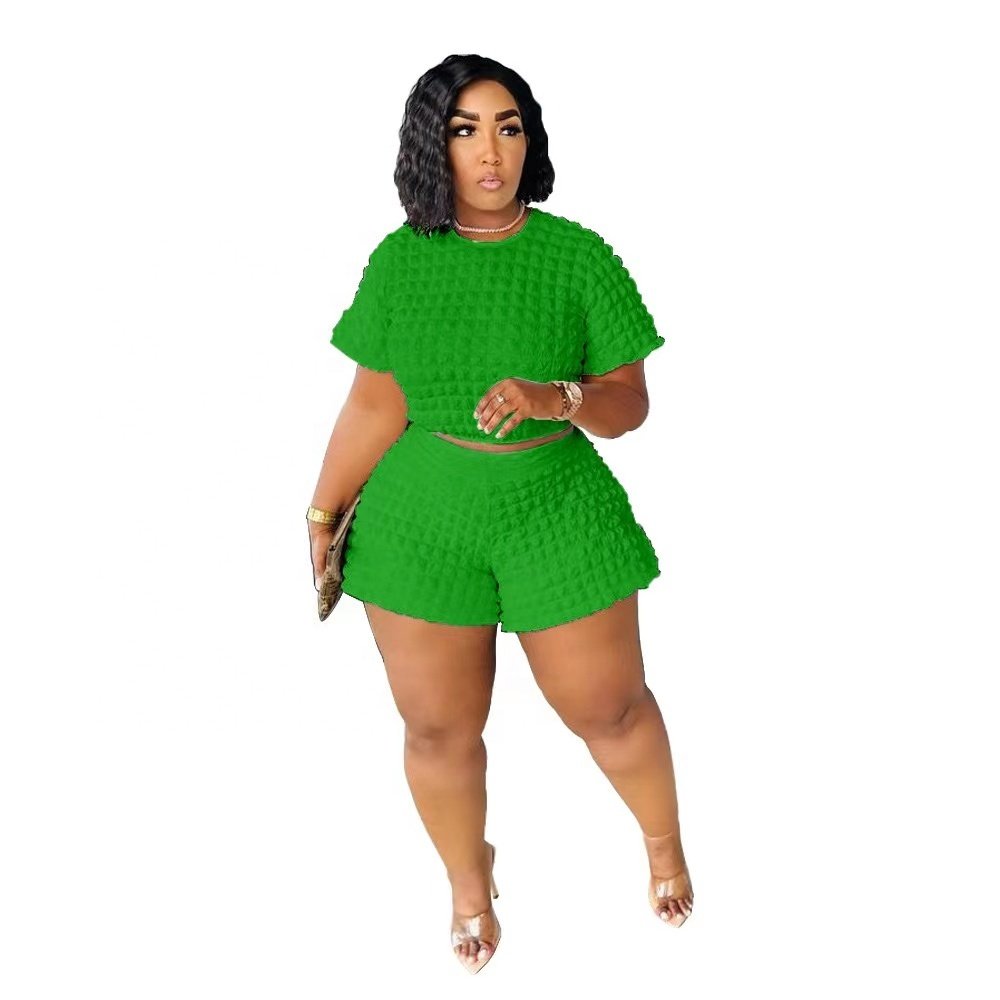 Solid color plus size women's set popcorn fabric puff sleeve ladies tops and biker shorts loose fitting longewear women's set