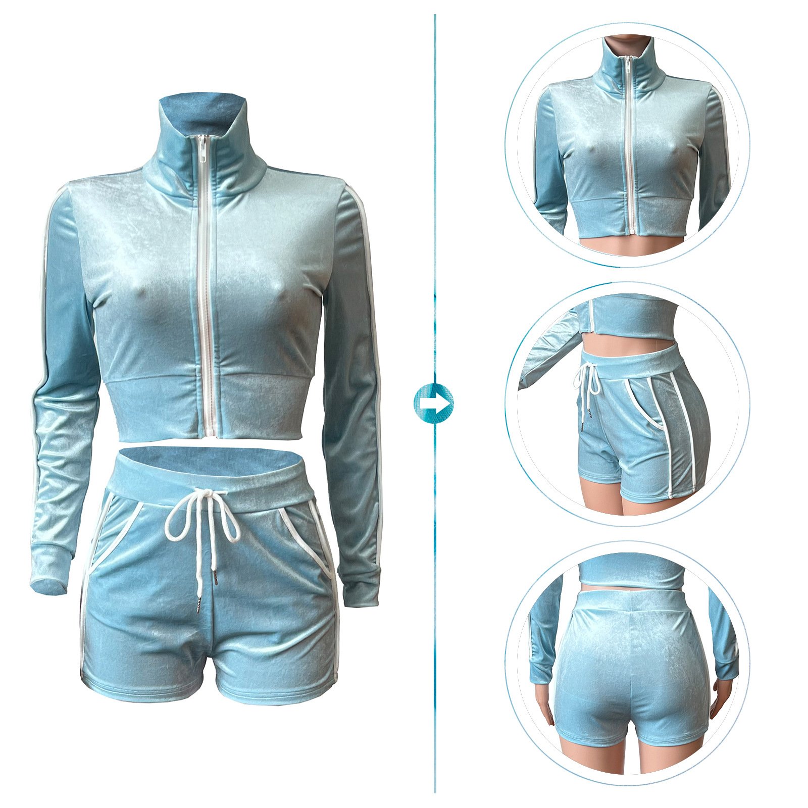 spring lounge wear 2024 Custom logo rhinestone Crop Velour Two Piece Tracksuit Zip Up Sweatshirt Shorts Set velvet Womens sets