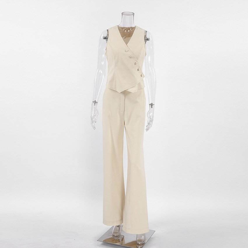Casual Custom Cotton Women's Clothing 2 Piece Set Women Buttons Sim Vest Wide Leg Pants Outfits Linen Women's Sets