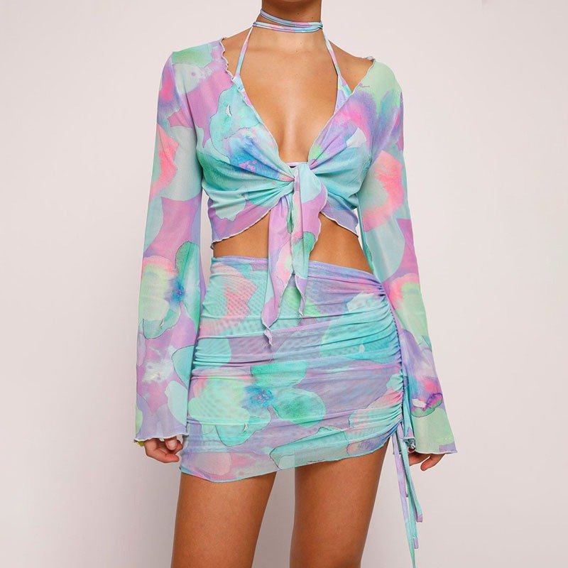 Long Sleeve Cardigan Bandage Pleated Skirt Beach Women'S Sets Two Piece Skirt Set