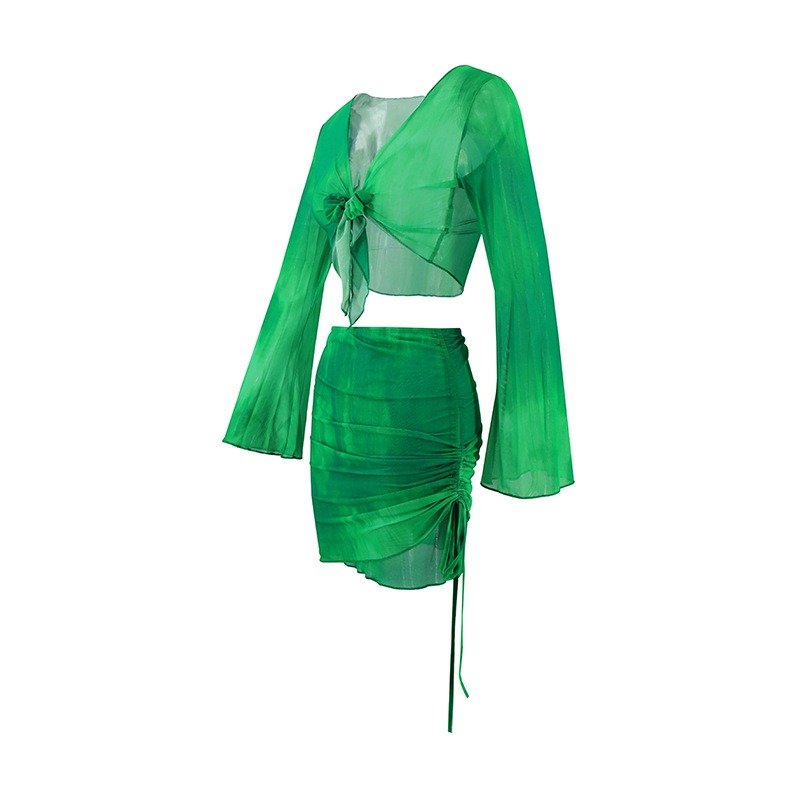 Long Sleeve Cardigan Bandage Pleated Skirt Beach Women'S Sets Two Piece Skirt Set